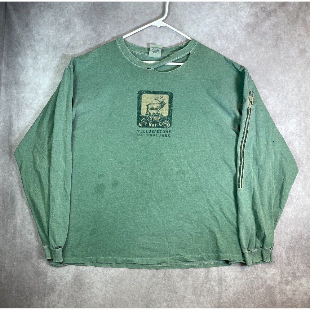 VTG Yellowstone National Park Shirt Adult XL Green Long Sleeve Paper Thin Worn